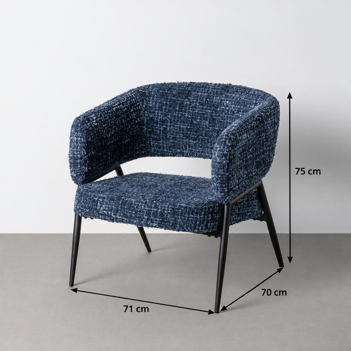 SILLÓN AZUL TEJIDO-METAL SALÓN 71 X 70 X 75 CM — FICHA DE MEDIDAS