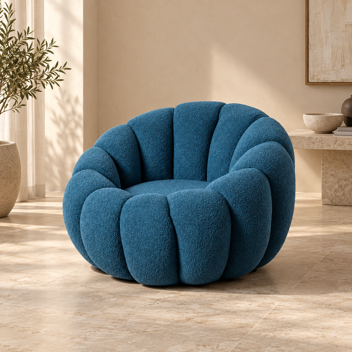 Sillón azul redondo - vista tres cuartos