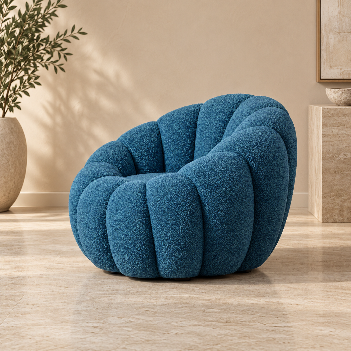 Sillón azul redondo - vista lateral