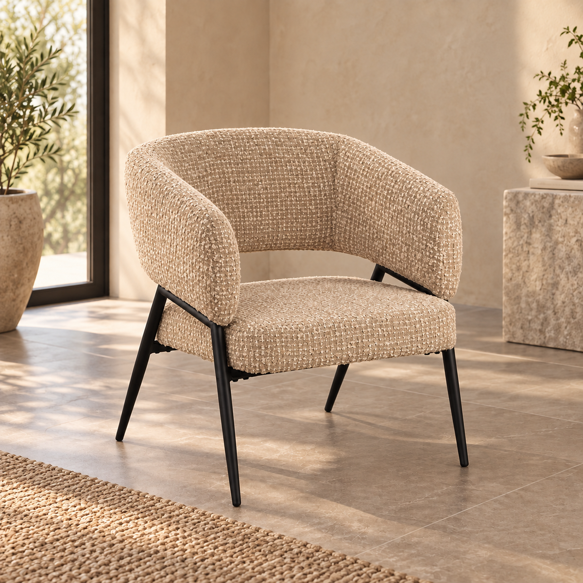 Sillón beige tejido-metal salón — vista 3/4