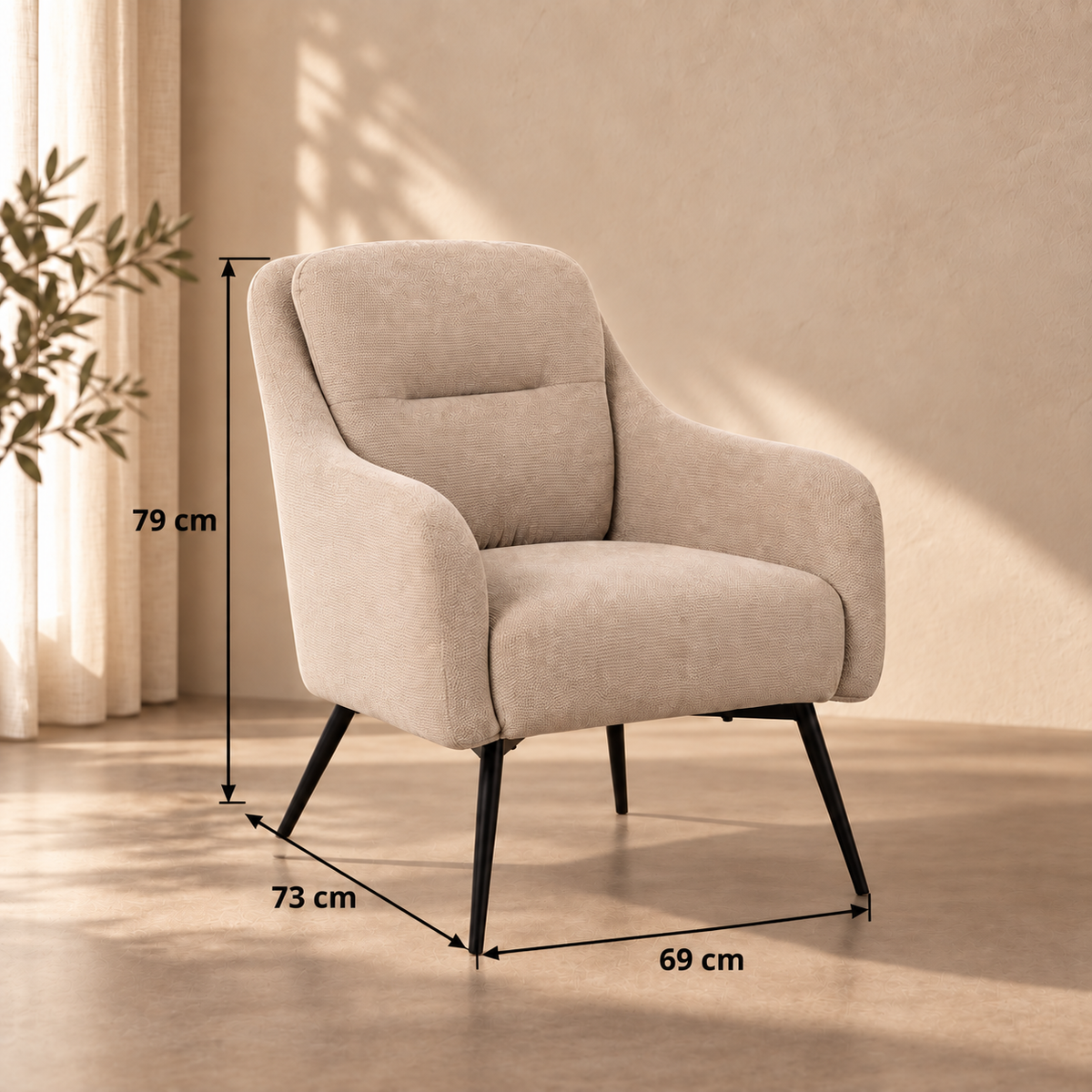 Guía de medidas de SILLÓN BEIGE TEJIDO-METAL 69 X 73 X 79 CM