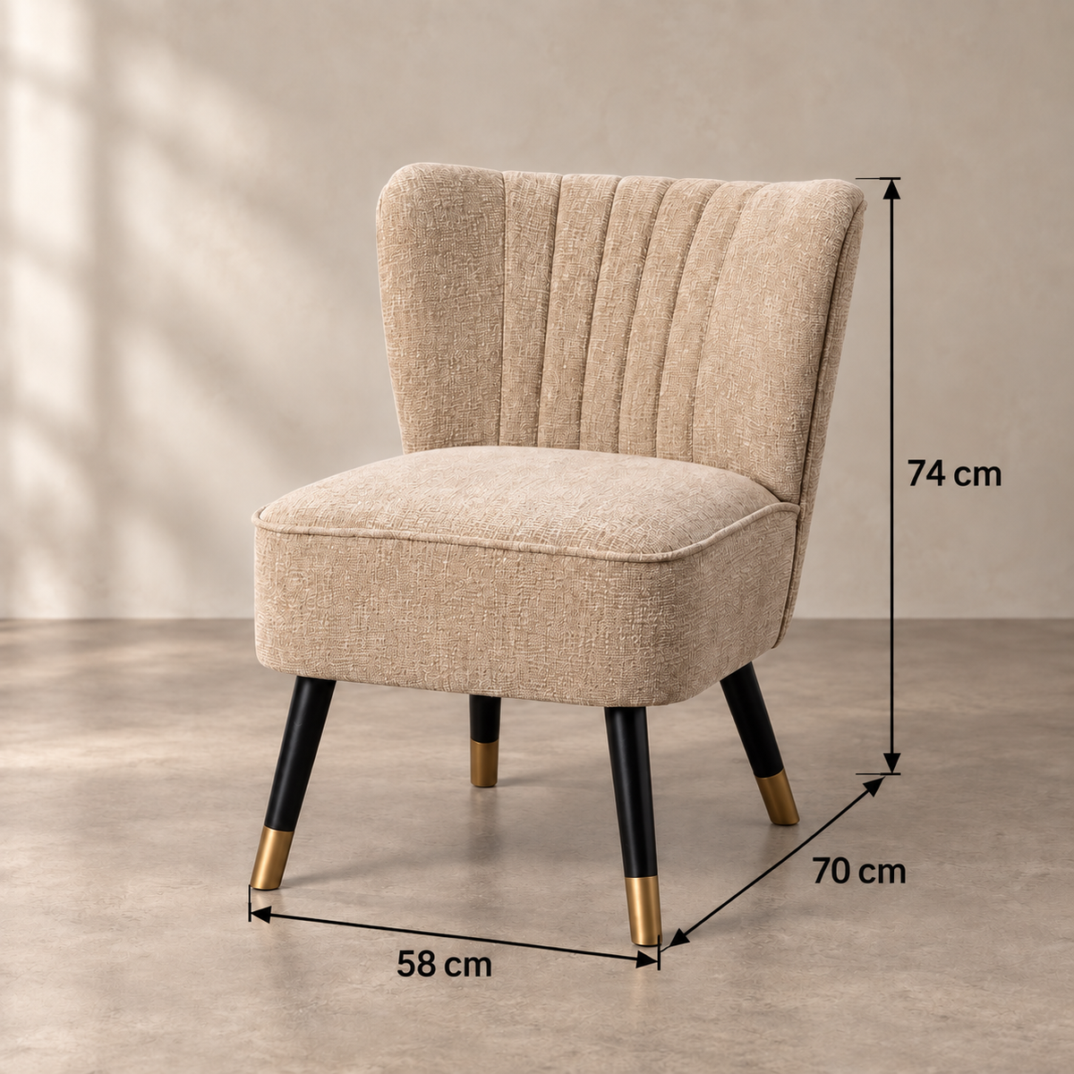 Guía de medidas de SILLÓN BEIGE TEJIDO-MADERA SALÓN 58 X 70 X 74 CM