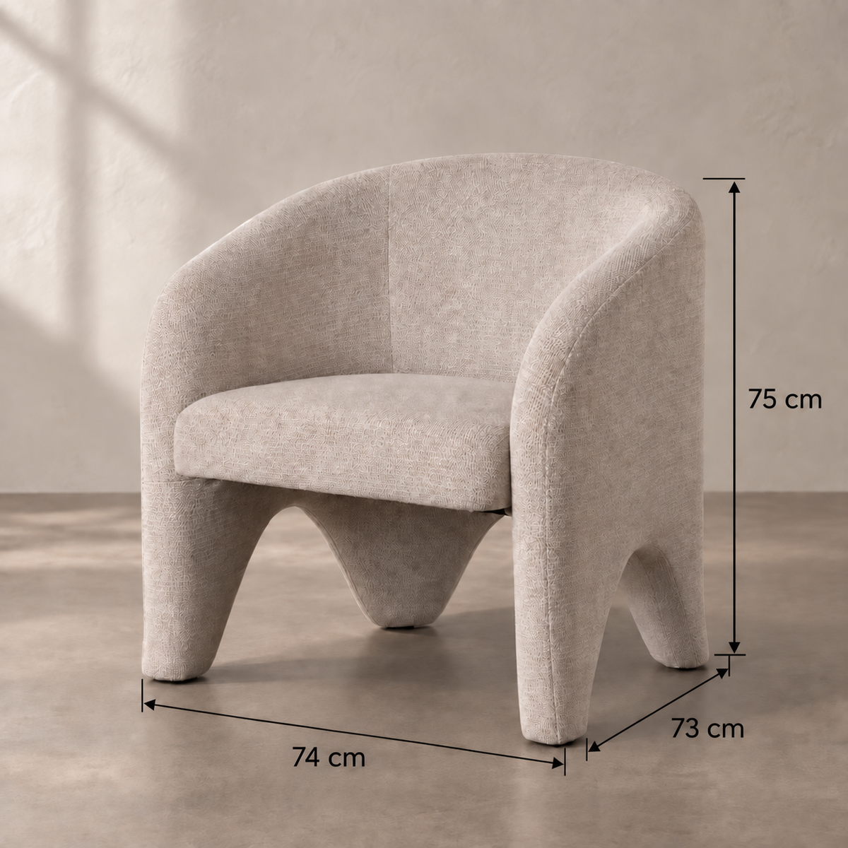 SILLÓN BEIGE TEJIDO SALÓN 74 X 73 X 75 CM — ficha de medidas