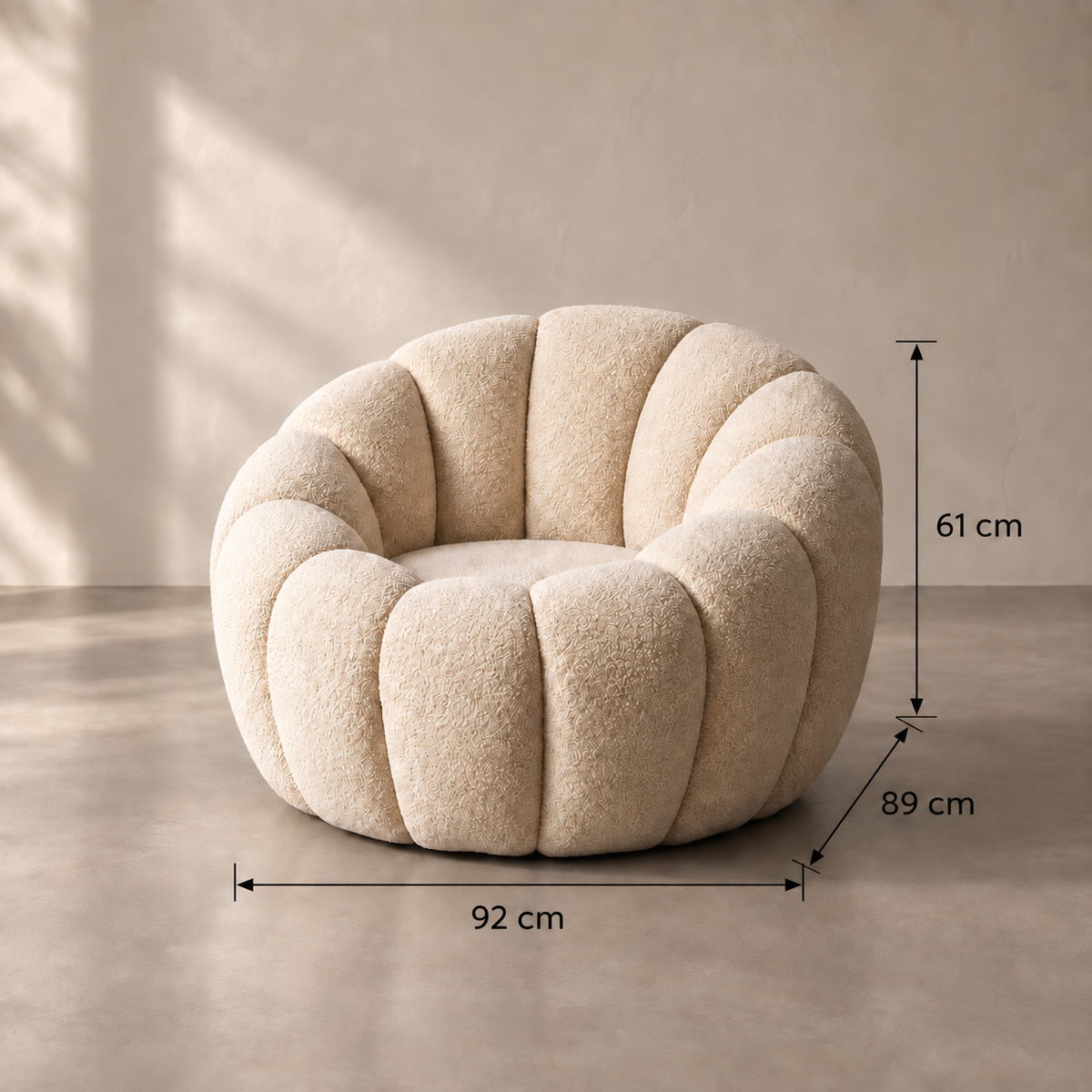 SILLÓN BEIGE TEJIDO-MADERA 92 X 89 X 61 CM — ficha de medidas