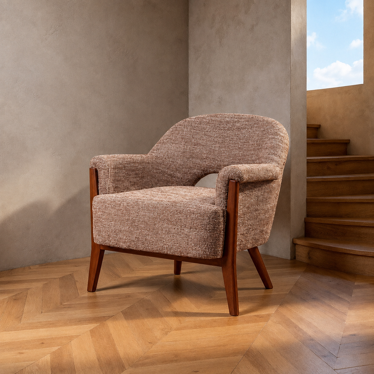 SILLÓN BEIGE-MARRÓN TEJIDO-MADERA SALÓN 75 X 74 X 76 CM