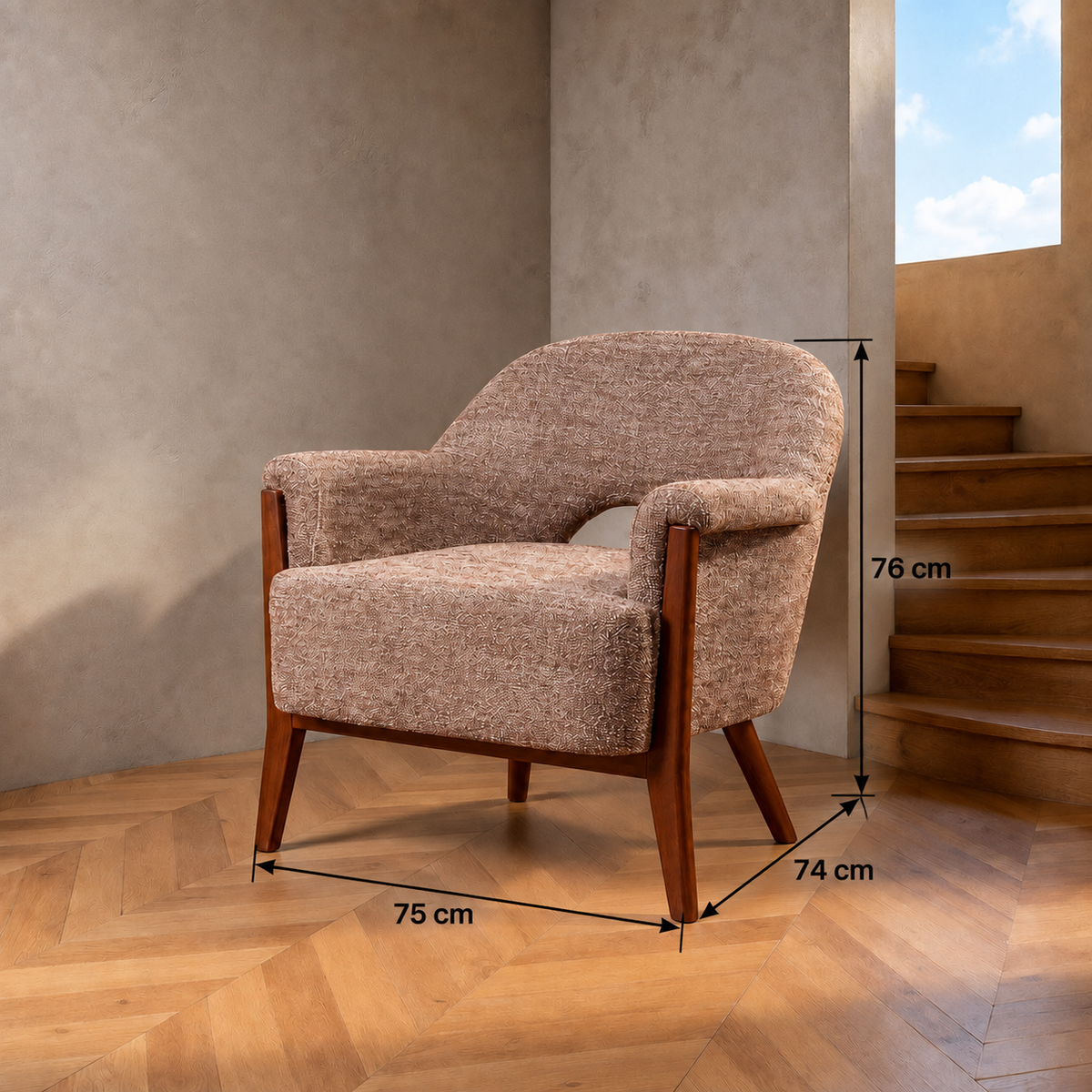 SILLÓN BEIGE-MARRÓN TEJIDO-MADERA SALÓN 75 X 74 X 76 CM
