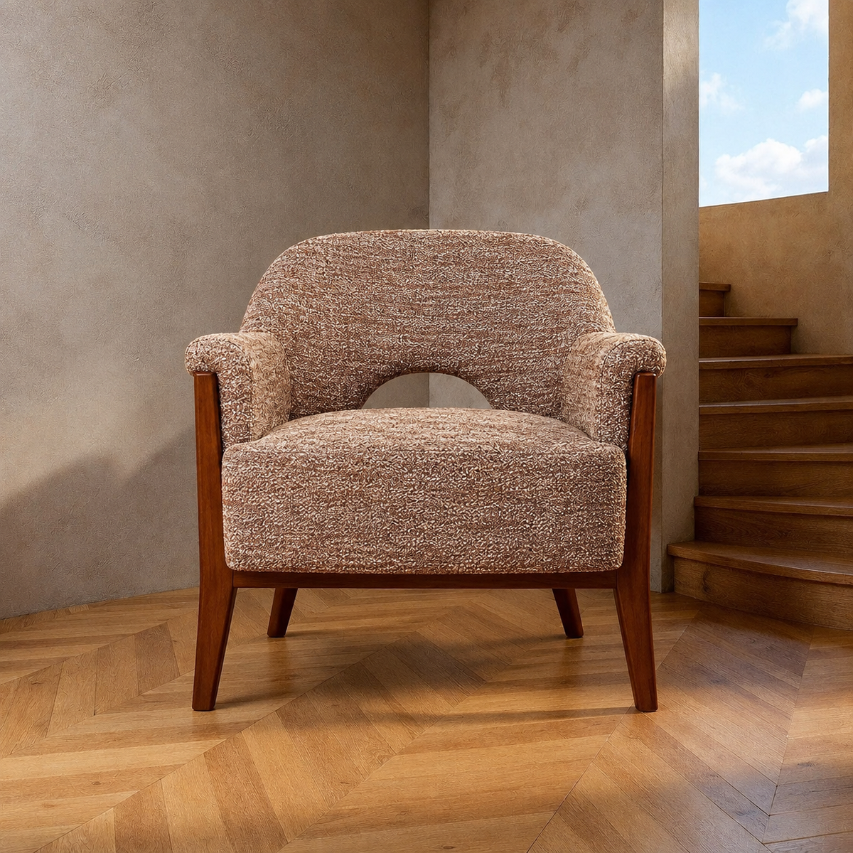 Sillón beige-marrón tejido-madera salón — vista frontal