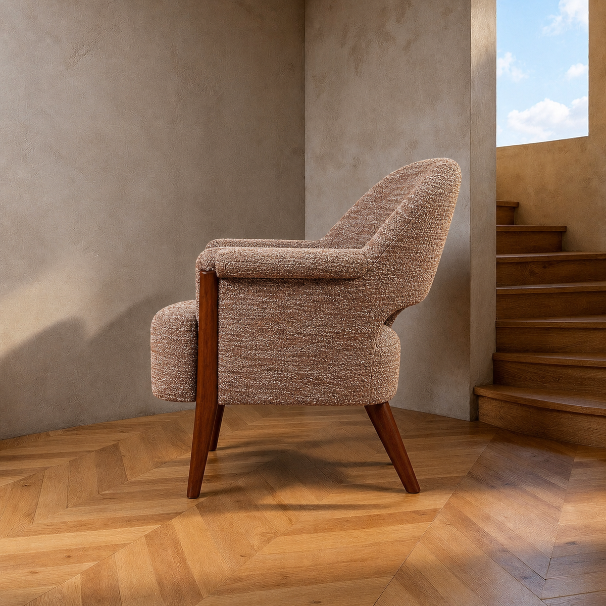 Sillón beige-marrón tejido-madera salón — vista lateral