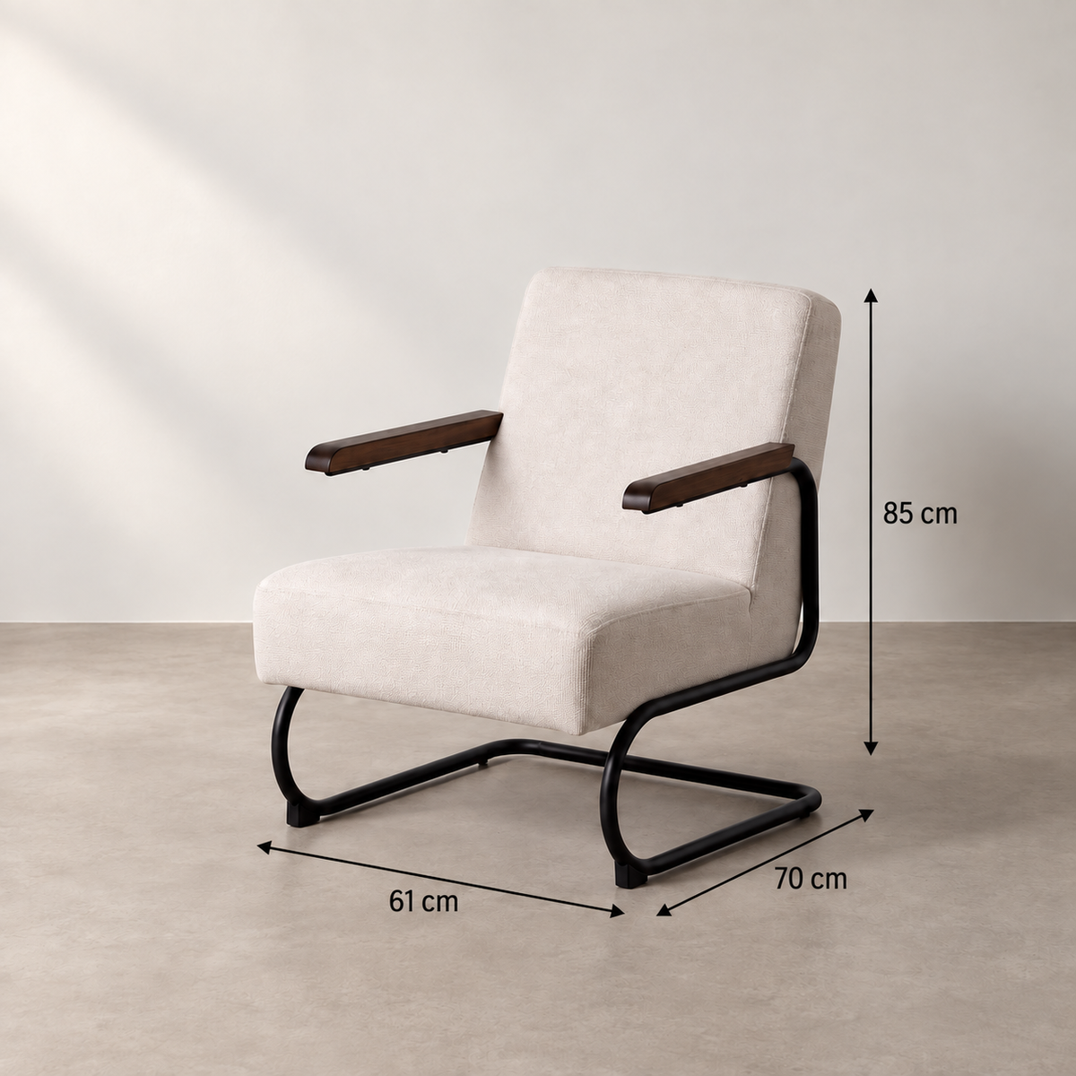 Ficha de medidas — sillón beige metal 61 x 70 x 85 cm