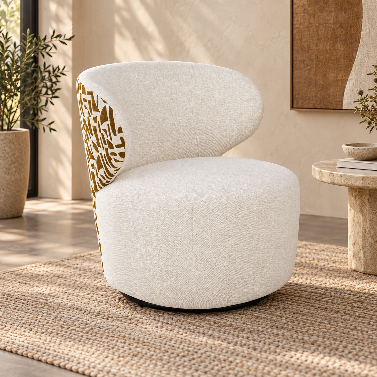 Sillón bitejido crema-ocre tejido-madera — ambiente