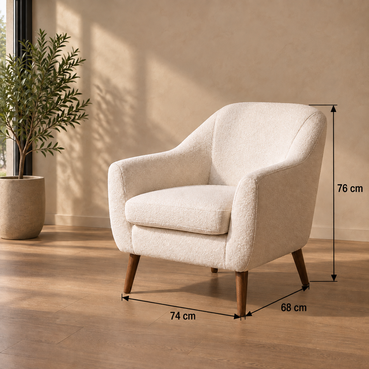 Guía de medidas de SILLÓN BLANCO TEJIDO-MADERA 74 X 68 X 76 CM