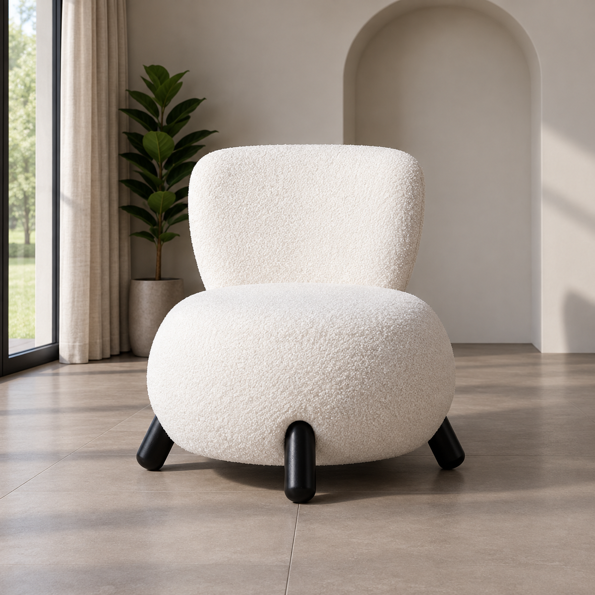 Vista frontal del sillón blanco y negro