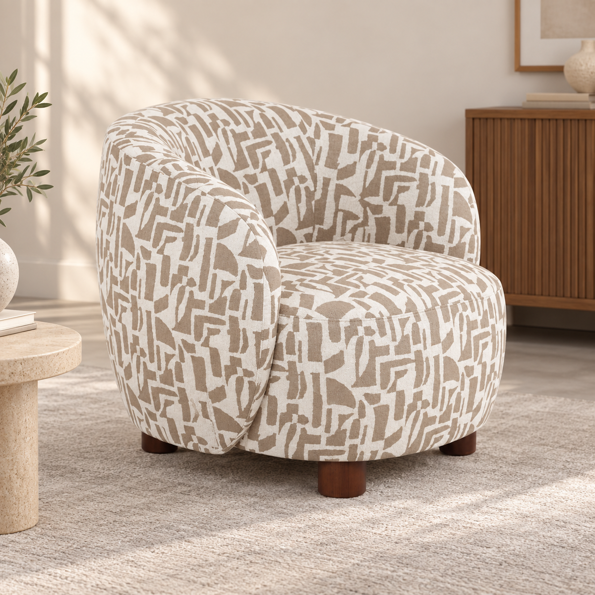 Vista 3/4 del sillón estampado crema-beige