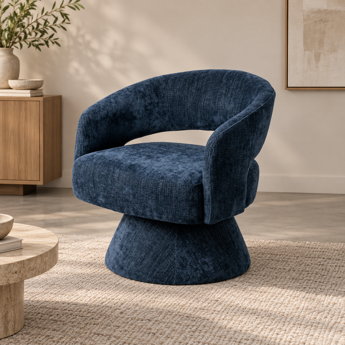 Vista 3/4 del sillón giratorio azul