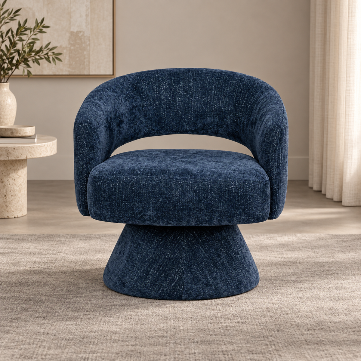 Vista frontal del sillón giratorio azul