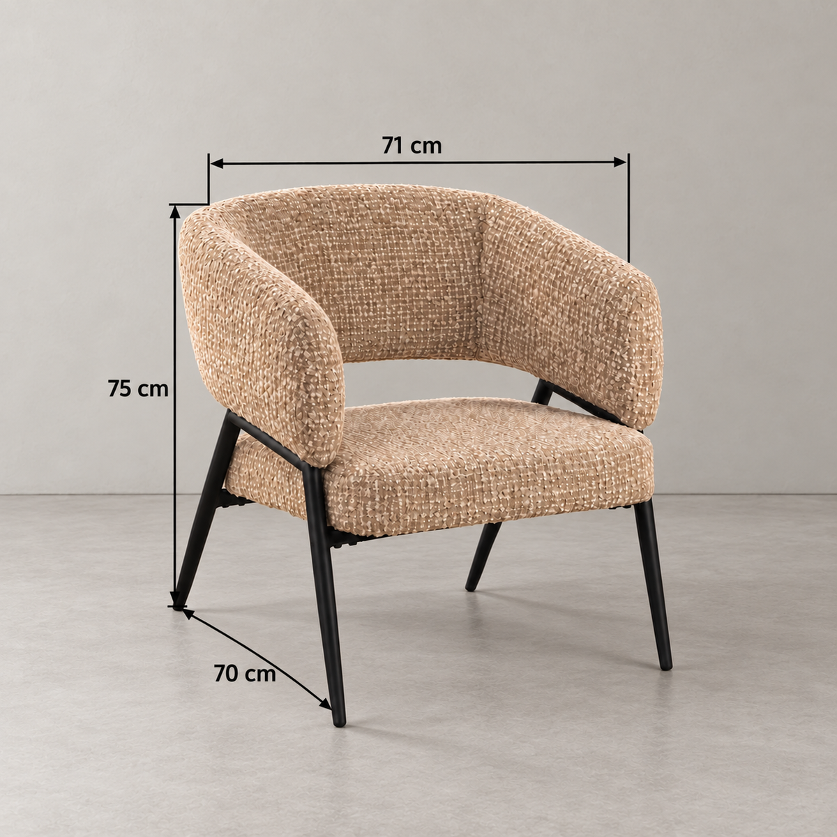 Sillón Tilo beige tejido y estructura metálica negra — ficha de medidas